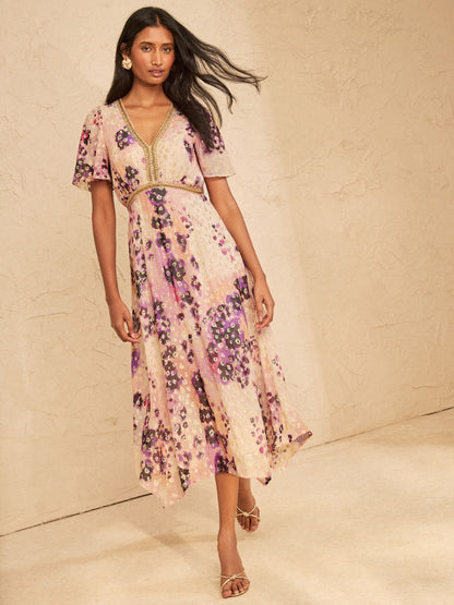Amour Fleur Metallic Floral Hanky Hem Midi Dress