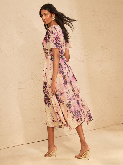 Amour Fleur Metallic Floral Hanky Hem Midi Dress
