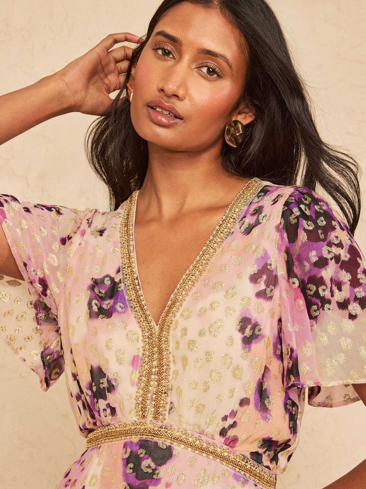 Amour Fleur Metallic Floral Hanky Hem Midi Dress