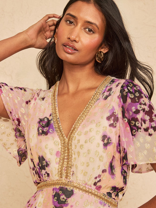 Amour Fleur Metallic Floral Hanky Hem Midi Dress