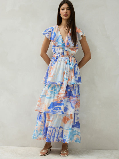 Azure Reverie Scenic Print Ruffle Midi Dress
