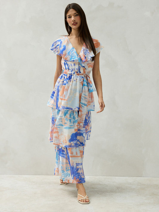 Azure Reverie Scenic Print Ruffle Midi Dress