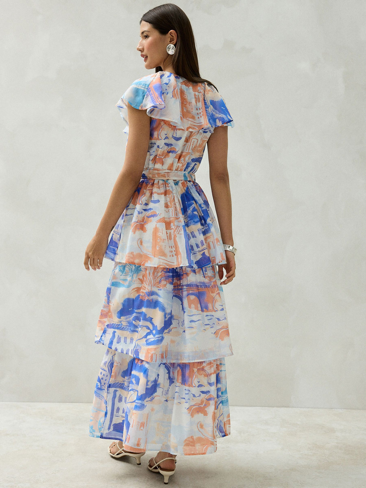 Azure Reverie Scenic Print Ruffle Midi Dress