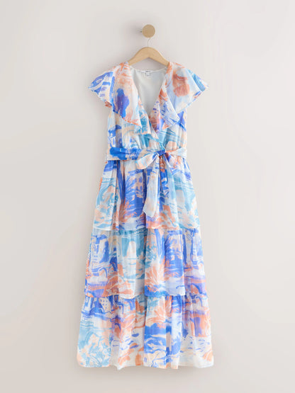 Azure Reverie Scenic Print Ruffle Midi Dress