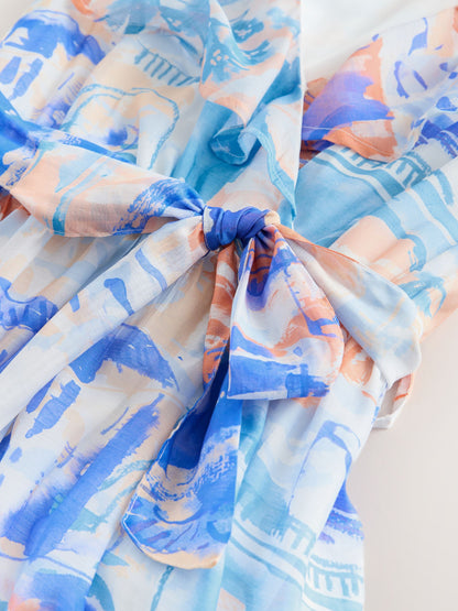 Azure Reverie Scenic Print Ruffle Midi Dress