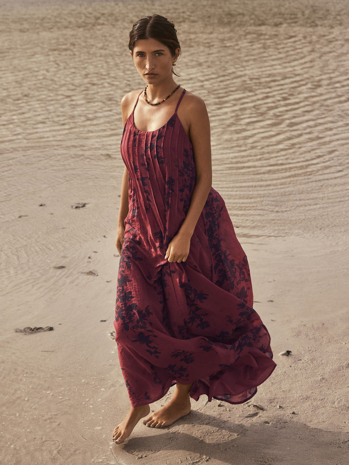 Bordeaux Botanica Pleated Strappy Maxi Dress