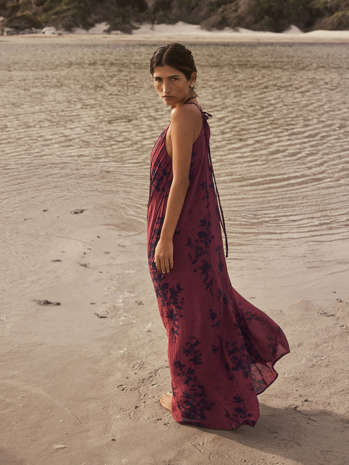 Bordeaux Botanica Pleated Strappy Maxi Dress