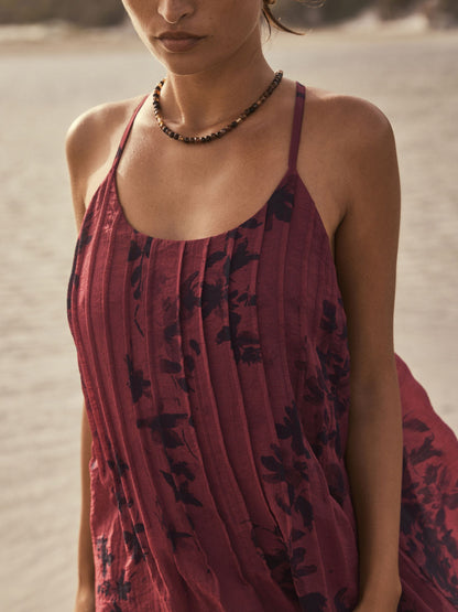 Bordeaux Botanica Pleated Strappy Maxi Dress