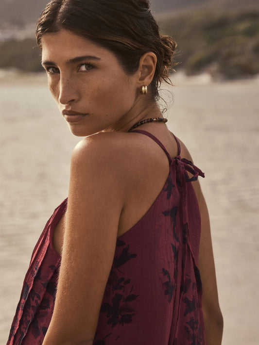 Bordeaux Botanica Pleated Strappy Maxi Dress